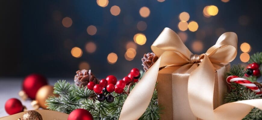 Christmas,Gift,Or,Present,Box,,Snowy,Fir,Tree,And,Holiday