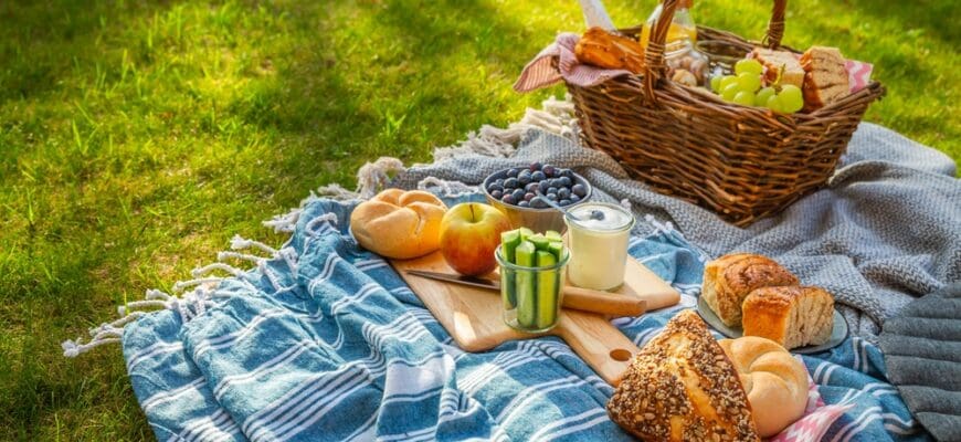 Picnic,Duvet,And,Basket,With,Different,Food,,Fruits,,Orange,Juice.,